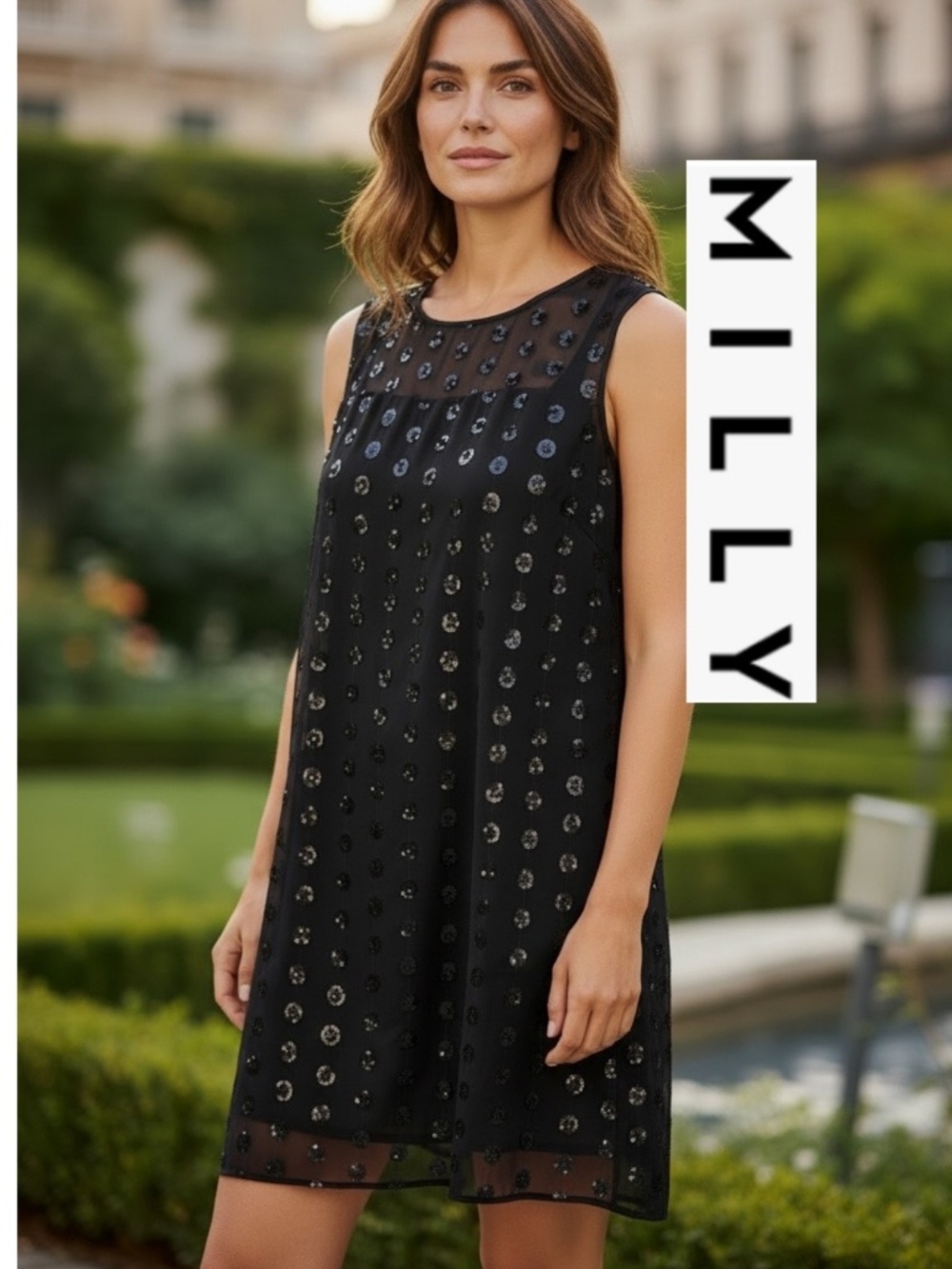 MILLY Black circle sequin sheer overlay shirft, 10, CB2767